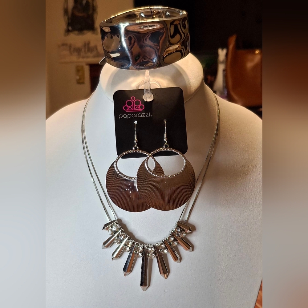 Paparazzi Silver and Brown Earring Set